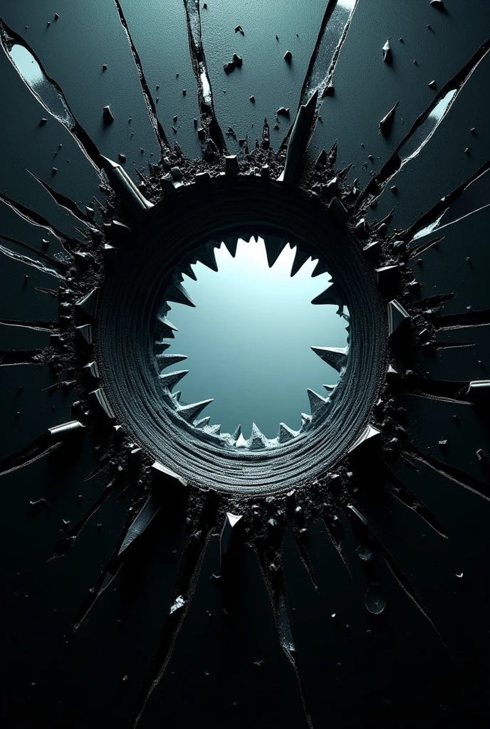 Black stained glass shattered by bullets, very close to the camera, big hole.