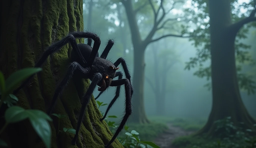 Spider seen from the side descending a trunk in a dense and dark forest with fog 