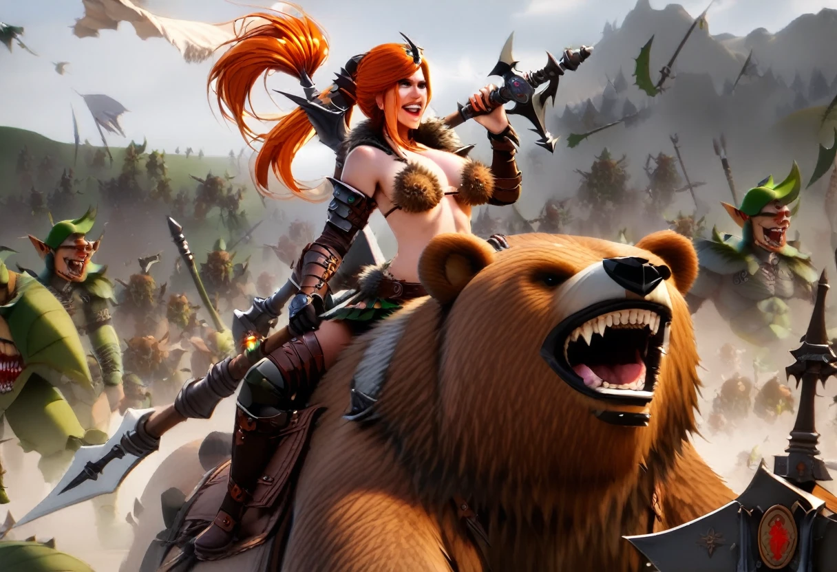 Christina Rene Hendricks (Fantasy warrior, sexy fur bikini, hair up in ponytail, battle axe), riding on a saddle on the back of a big ferocious brown bear. Christina and her bear are fighting goblins on a battlefield