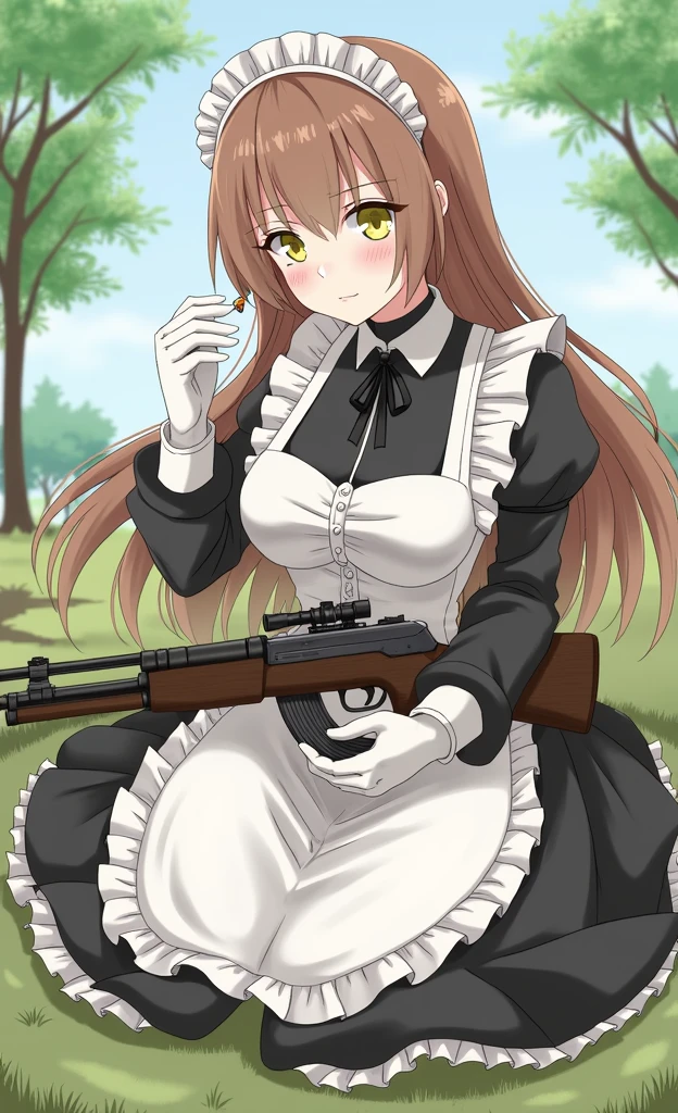 anime character with long hair in maid dress holding a heavy rilfe and black gloves, (hair swept bangs:1.3), (long brown hair:1.3), 1girl, solo, long hair, looking at viewer, bangs, brown hair, yellow eyes, gloves, long sleeves, dress, ribbon, holding, sitting, weapon, outdoors, frills, choker, white gloves, blunt bangs, holding weapon, mole, apron, black dress, tree, gun, maid, maid headdress, black choker, grass, holding gun, rifle, maid apron, cigarette, smoking, anime style, from girls frontline, fine details. girls frontline, girls frontline universe, girls frontline style, girls frontline, girls frontline cg, soft anime illustration, 2 0 2 2 anime style, 2022 anime style, pixiv contest winner, pretty anime character design, render of april