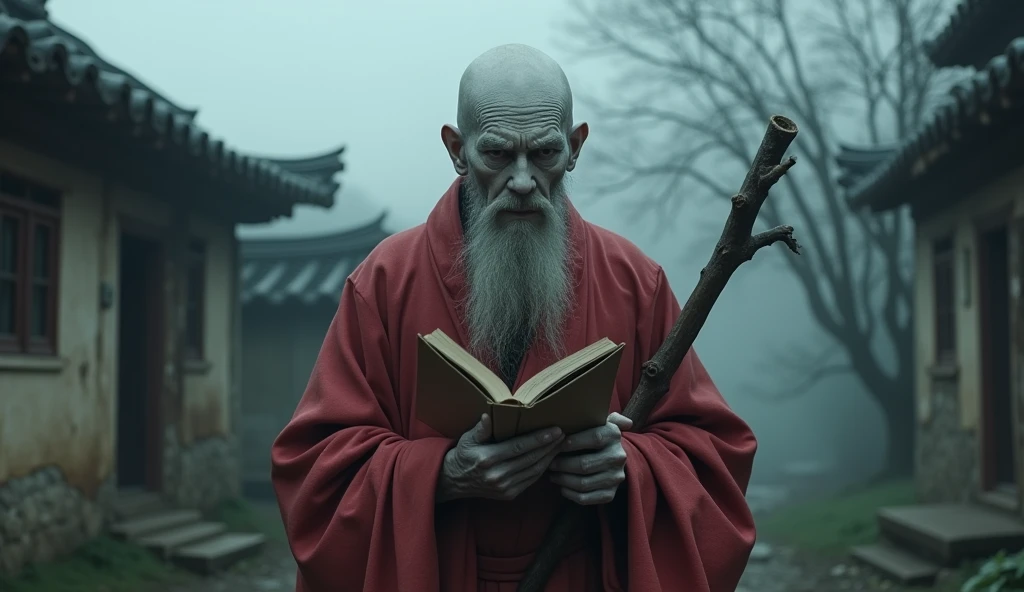 Top quality, masterpiece, old oriental shabby house background, 500 year old oriental monk Beopjang, holding a book of law and a staff, old oriental background, detailed image texture, creepy, horror, creepy atmosphere (not AI image), cloudy weather, fog, low color image, creepy, character filling the screen, image from various angles, delicate skin expression, wrinkled skin, bloodless skin (grayish), wearing complex red clothes, reciting a spell, monk Beopjang with heavy white makeup, wearing monk clothes