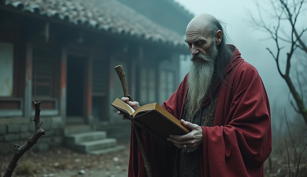 Top quality, masterpiece, old oriental shabby house background, 500 year old oriental monk Beopjang, holding a book of law and a staff, old oriental background, detailed image texture, creepy, horror, creepy atmosphere (not AI image), cloudy weather, fog, low color image, creepy, character filling the screen, image from various angles, delicate skin expression, wrinkled skin, bloodless skin (grayish), wearing complex red clothes, reciting a spell, monk Beopjang with heavy white makeup, wearing monk clothes