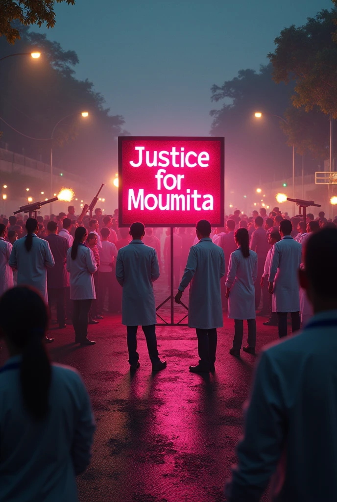 Bloody image with title 'Justice for moumita' and many doctors and crowd of peoples around the board on the road with pink and yellow light on their face #hang the rapiest and police firing bullet from thier guns