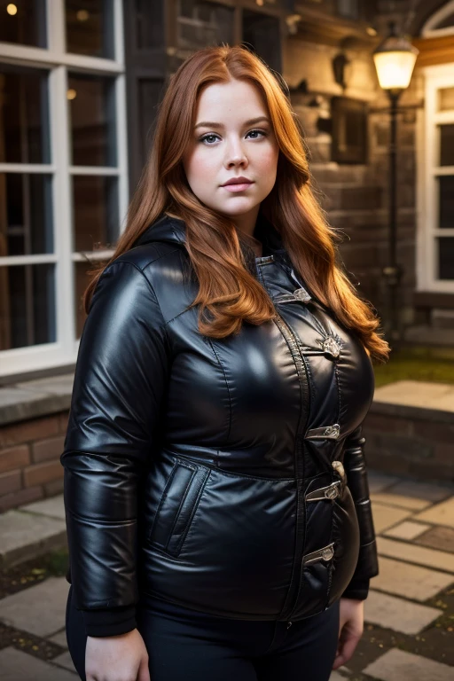 Medium view, of young aged, face portrait, Scandinavian features,long hair, extremely fat, very fat, chubby, ginger hair, high quality, pretty, gorgeous, busty, curvy, fat, overweight, beautiful, tight black leather moncler puffer jacket, in cozy college courtyard,