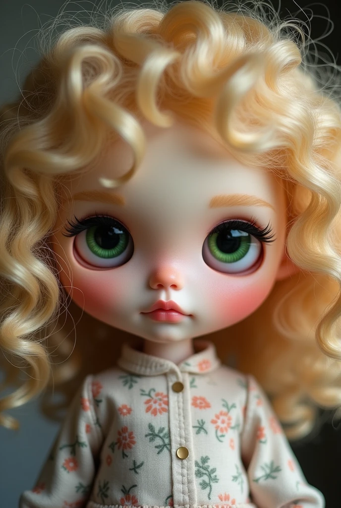 crie uma Blythe Doll,with dark green eyes,but clearer,with medium curly hair,2c curl blonde,pale white,rounded and reddish sides.