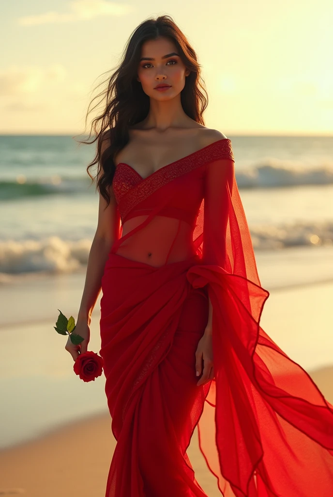 A beautiful and hot woman in red saree, stand in beach, in hand red rose, stand alone