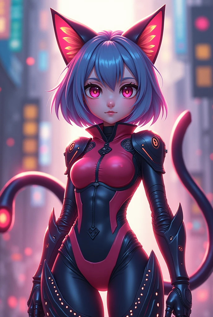 score_9, score_8_up, score_7_up, source_anime, outside, cyberpunk, city, night, sky, neon lights, cityscape, alley, side view, close-up, (hair between eyes:1.1), red eyes, half-closed eyes, smile, looking at viewer, solo, female, humanoid, mouse humanoid, tail, bob cut, metal hair, flat chested, black bodysuit, cybernetic arms, glowing, standing, against wall, crossed arms, robot features , 