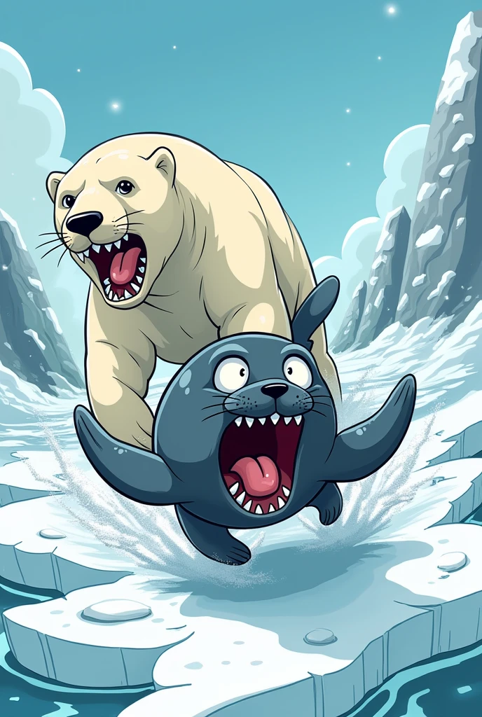 A seal is running away from a polar bear that is trying to eat it. Its face looked very shocked. [Cartoon]