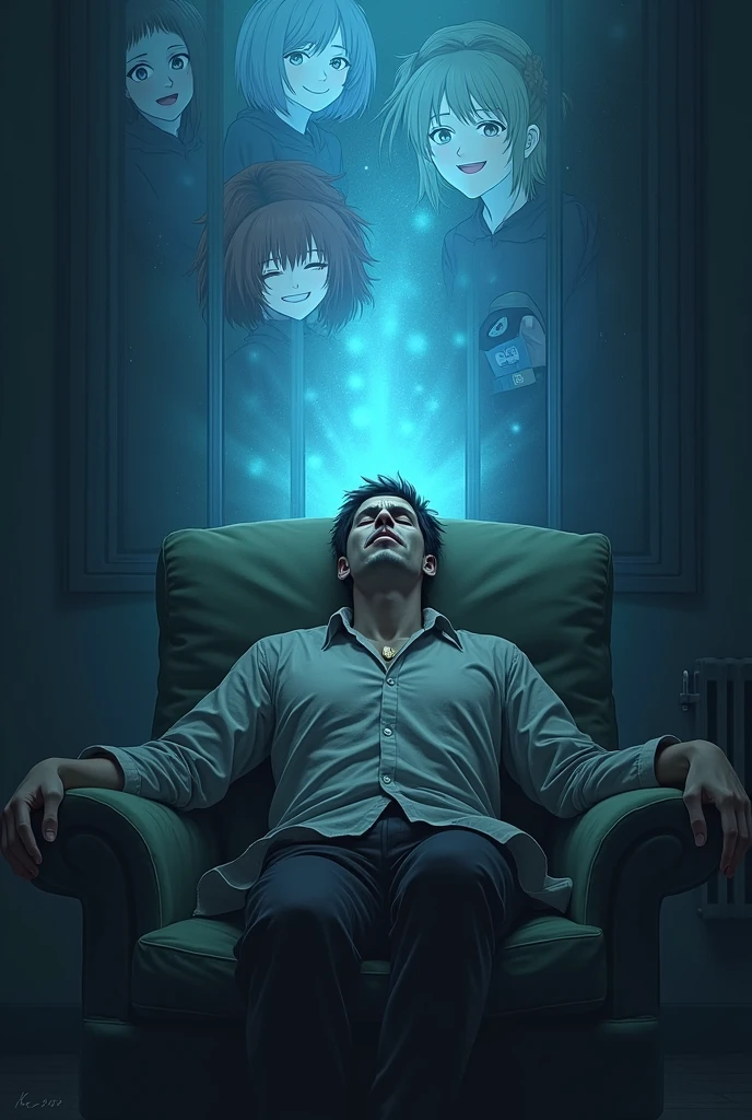 very tired-looking man is lying on sofa in the dark room with his eyes closed wearing worn-out clothes and in his imaginary world who has a big bright haze over his head and in the haze anime girls are smiling happily