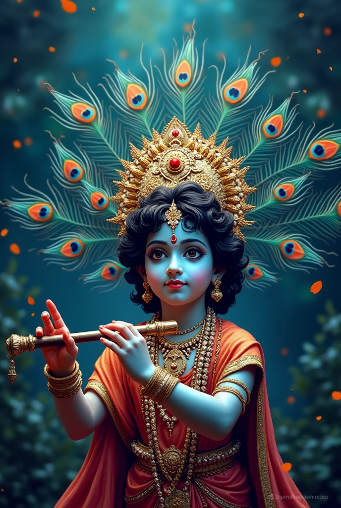 Create a poster with name of Shree nidhi fashion with background peacock feathers and with krishna holding flute congratulating janmashtami