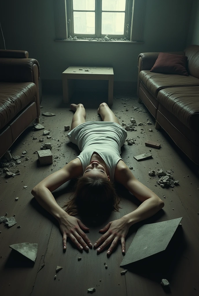woman lying on the floor with broken furniture around her