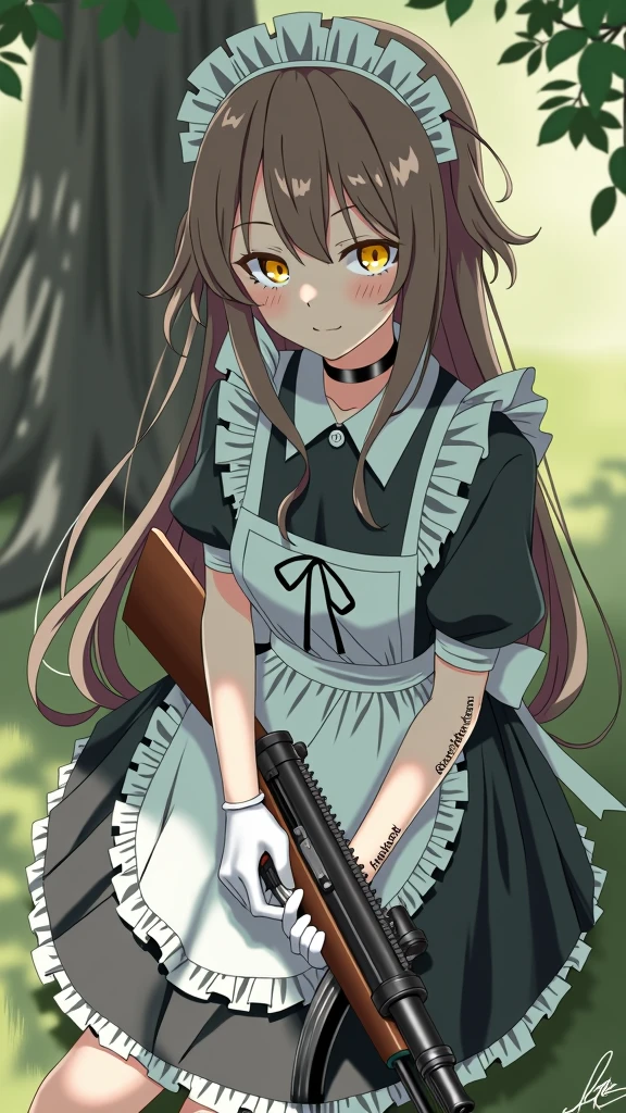 anime character with long hair in maid dress holding a heavy rilfe and black gloves, (hair swept bangs:1.3), (long brown hair:1.3), 1girl, solo, long hair, looking at viewer, bangs, brown hair, yellow eyes, gloves, long sleeves, dress, ribbon, holding, sitting, weapon, outdoors, frills, choker, white gloves, blunt bangs, holding weapon, mole, apron, black dress, tree, gun, maid, maid headdress, black choker, grass, holding gun, rifle, maid apron, cigarette, smoking, anime style, from girls frontline, fine details. girls frontline, girls frontline universe, girls frontline style, girls frontline, girls frontline cg, soft anime illustration, 2 0 2 2 anime style, 2022 anime style, pixiv contest winner, pretty anime character design, render of april