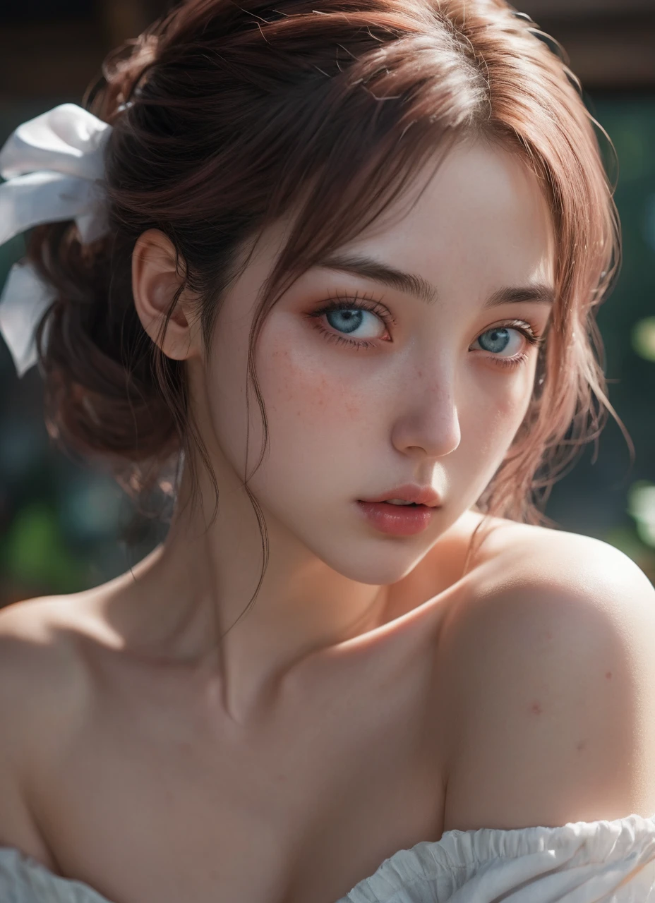 Best Quality, masterpiece, ultra high resolution, (photorealistic: 1.4), raw photo, 1 girl, off the shoulder, cinematic lighting, kissing poses, heterochromia, Japanese anime, very beautiful, goddess body, 8K photo quality. 