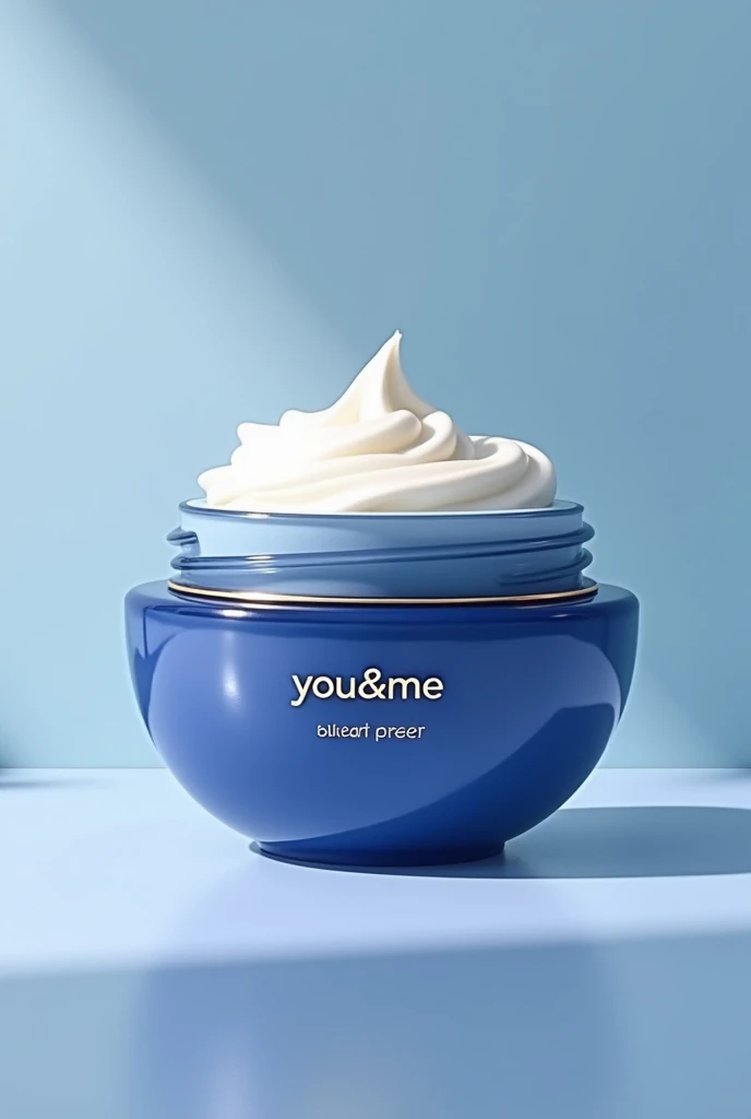 create a blueberry scented cream, white color.
Although, small, rounded design with colors: dark blue, white and gold details.
for the brand: You&Me