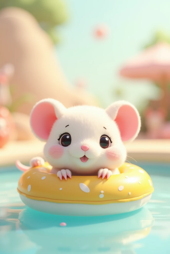 3d, Simple and cute, With gentle colors like a picture book , 8k, Highest quality,cute,Big anime eyes,Cute little mouse on a swimming ring.,mascot