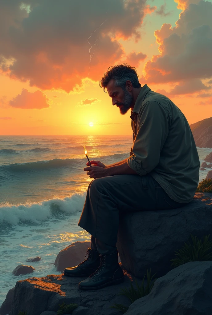 A man in sad  and seat a stone for sea and looking for sunset and smoking 

