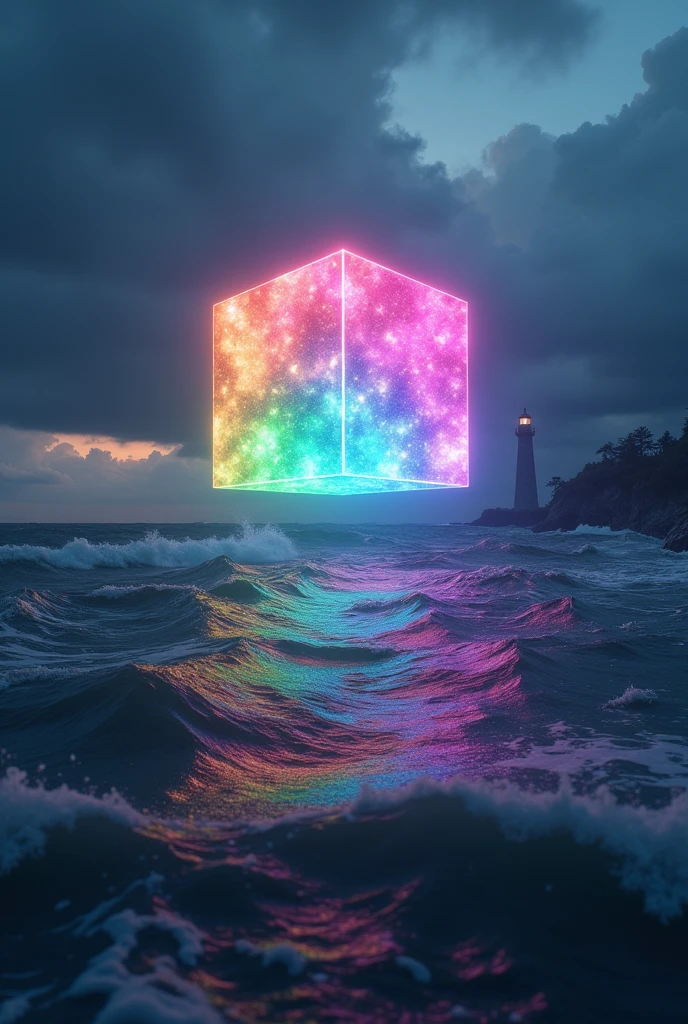 rainbow cube Floating and reflecting above the sea, in the background there is a large and tall lighthouse. The sky is dark and stormy.
