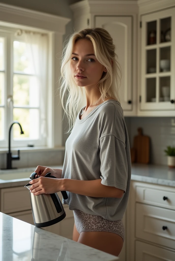 The image captures a candid moment of a young woman with platinum blond hair in a relaxed home setting. She is dressed casually in a loose grey t-shirt and patterned underwear, standing in a well-appointed kitchen. Her posture, as she gently handles a kettle, suggests she is preparing a morning beverage, possibly coffee or tea. The room features elegant marble countertops and classic cabinetry, enhancing the serene and comfortable ambiance. Natural light filters through the room, highlighting her gentle, contemplative expression and softly tousled hair. This scene beautifully melds elements of daily routine with a subtle, intimate charm, perfect for themes of morning rituals, quiet moments, or domestic tranquility.