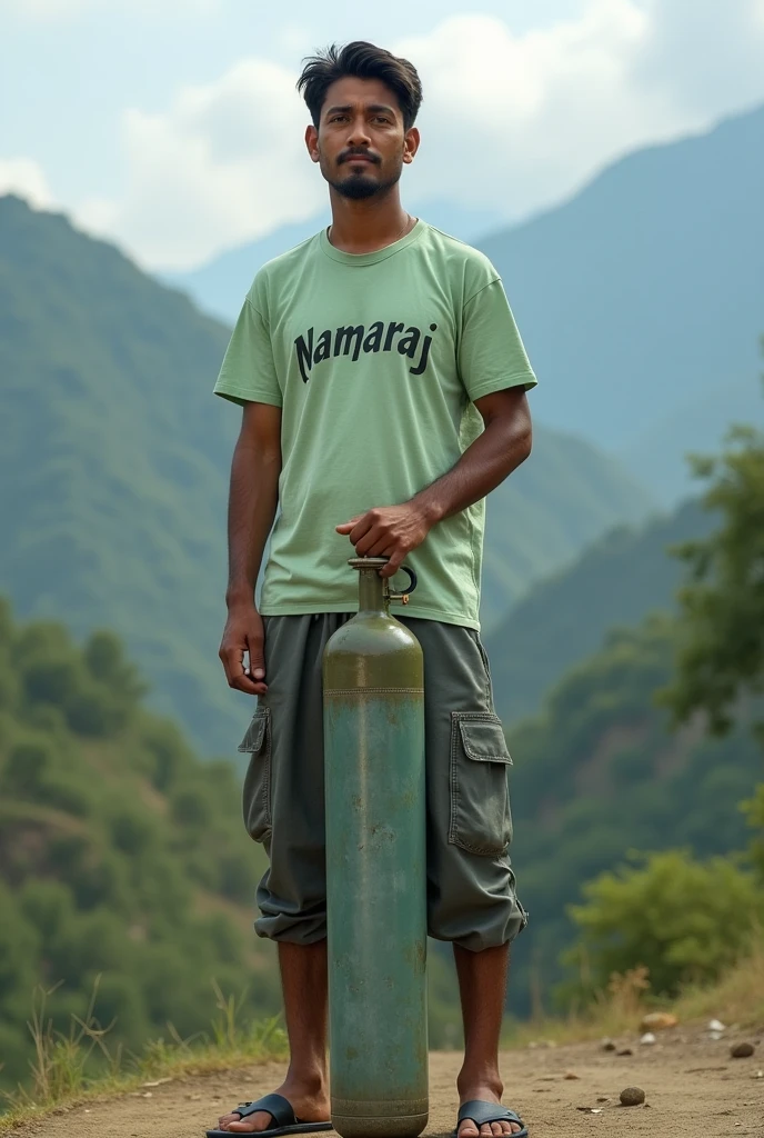 A man holding oxygen cylinder wearing half pant and light green t-shirt written Namaraj On it with Nepal background