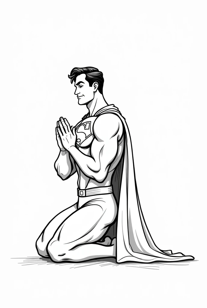 Create an illustration to color. coloring picture. imagem de Boken de ilustração. no shading. Superman praying, on your knees with your eyes closed. Full-body image. white background, with nothing. Imagem uncoloredes, disney pixar style drawing. Masterpiece artwork, best qualityer, hight contrast, uncolored, Boken , style cartoon, Sketch style, black and white without shading, uncolored, no shadow, style cartoon, line art,