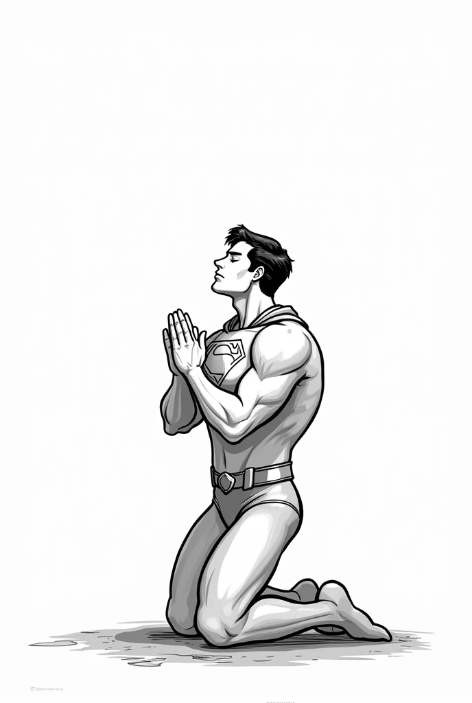 Create an illustration to color. coloring picture. imagem de Boken de ilustração. no shading. Superman praying, on your knees with your eyes closed. Full-body image. white background, with nothing. Imagem uncoloredes, disney pixar style drawing. Masterpiece artwork, best qualityer, hight contrast, uncolored, Boken , style cartoon, Sketch style, black and white without shading, uncolored, no shadow, style cartoon, line art,