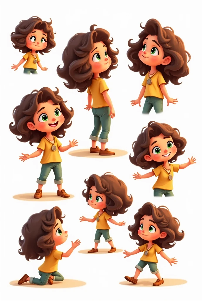 adorable with curly brown hair that falls to her shoulders loose, rebellious locks. Her green eyes shine with curiosity and kindness.., reflecting its friendly nature. His skin is dark, with golden tones reminiscent of the richness of Indian landscapes. Her cheeks are slightly flushed by the hot Egyptian sun.., little explorer in various different poses on white background illustration from a children's book, simple, Beautiful. A cartoonish style. a teenage cartoon creature