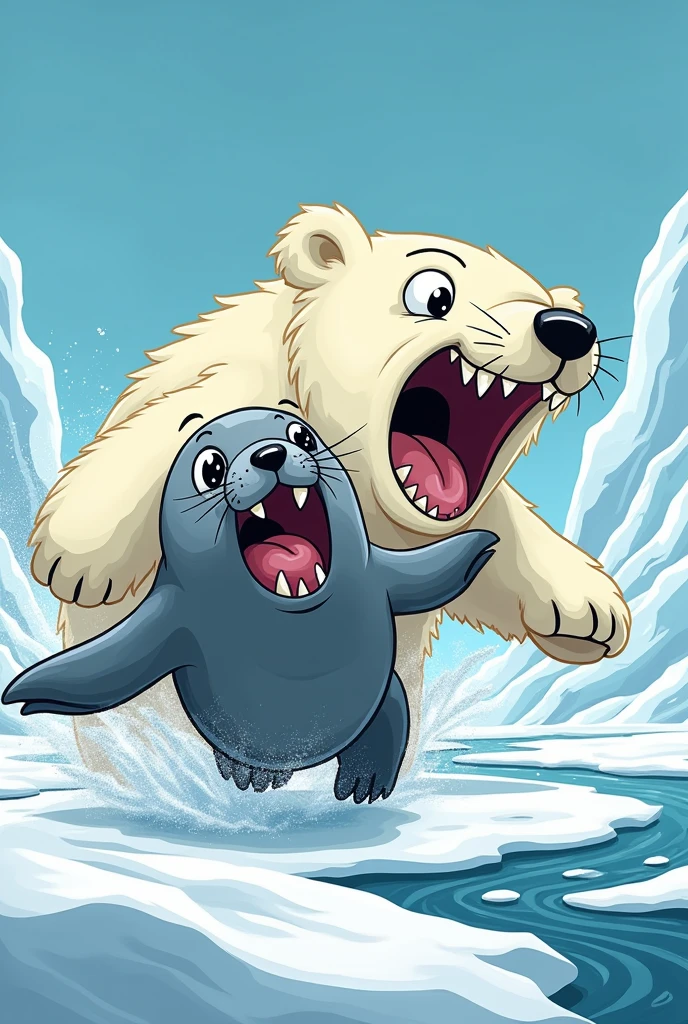 A seal is running away from a polar bear that is trying to eat it. Its face looked very shocked. [Cartoon]