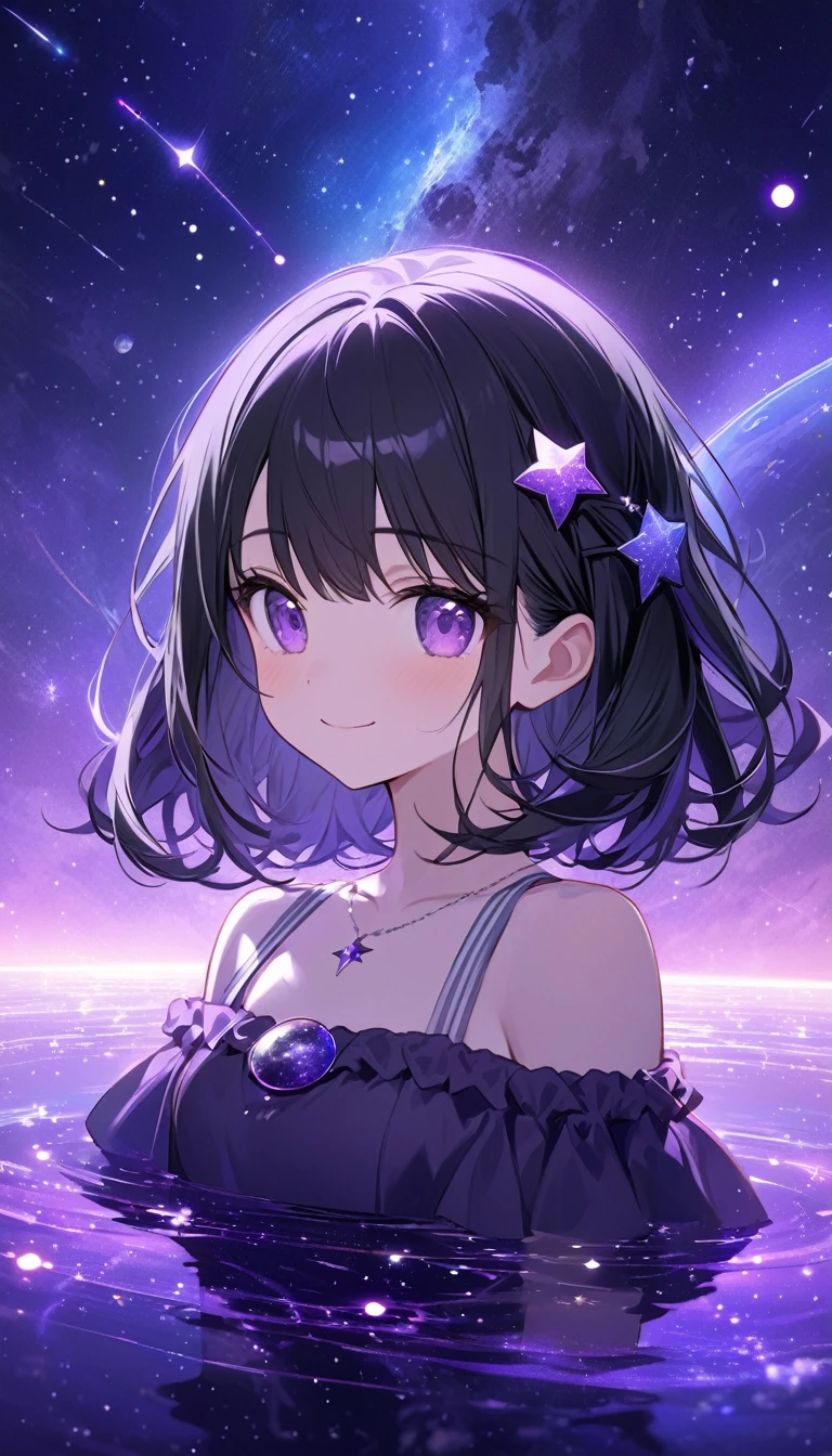 standing in front of a lake with a space theme, primarily in purple and white colors. The background should feature glowing stars, constellations, and comets scattered across the sky. Include a large, ringed planet in the lower left corner, with smaller planets and star-shaped accents throughout the scene. Add subtle nebula clouds and a gradient from dark purple to lighter shades, creating depth and a sense of vast space., Long black hair and purple eyes、A cute character wearing black off-the-shoulder light denim。She has purple hairpins in her hair、smile。Light up your face in a dimly lit atmosphere。Emotional atmosphere。Upper body close-up。front。