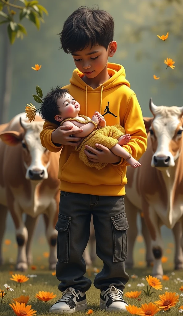 Realistic newly born lord krishna wearing beautifull clothes and is in hands of a 5'10 and skinny boy with clean shave face and brown skin colour wearing a jordan logo printed in front yellow hoodie and black cargo jeans and nike shoes (both are surrounded by cows) (beautiful) (flowers on ground)