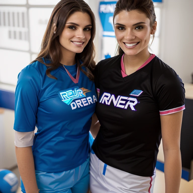 they are two women standing next to each other in a room, college girls, wearing netrunner clothing, wearing shirts, pic, marketing photo, wearing a t-shirt, wearing a volleyball jersey, posing for a picture, wearing rr diner uniform, on set, wearing a shirt, screen printing, modeling for dulce and gabanna, graphic print