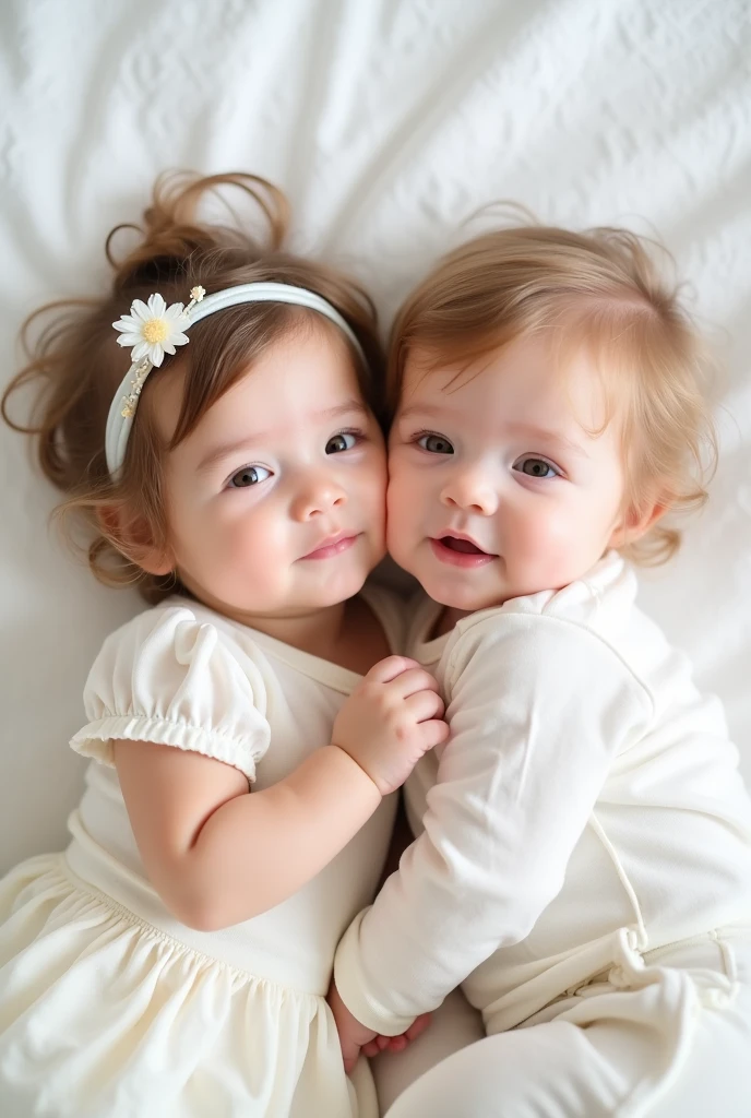 FOUR years old baby boy and SIX months old baby girl with headband. Photoshoot. White babies. Brown hair. hazel brown eyes. Pink lips