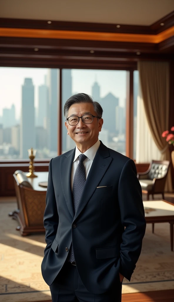 Image of Korean Bill Gates in a luxurious office with a very elegant suit