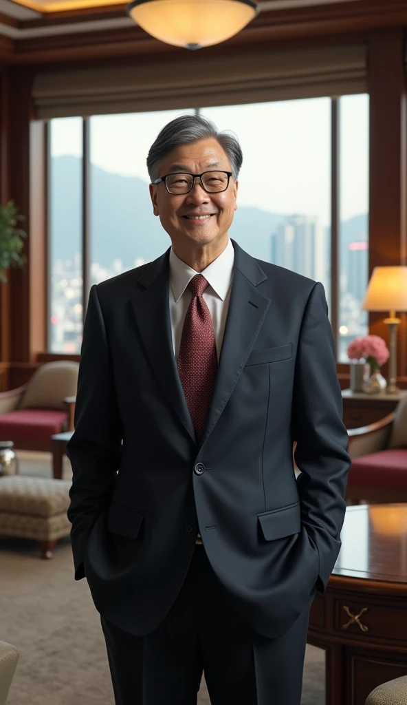Image of Korean Bill Gates in a luxurious office with a very elegant suit