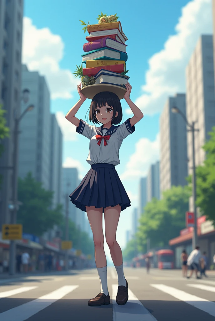A school girl carries things on her head.