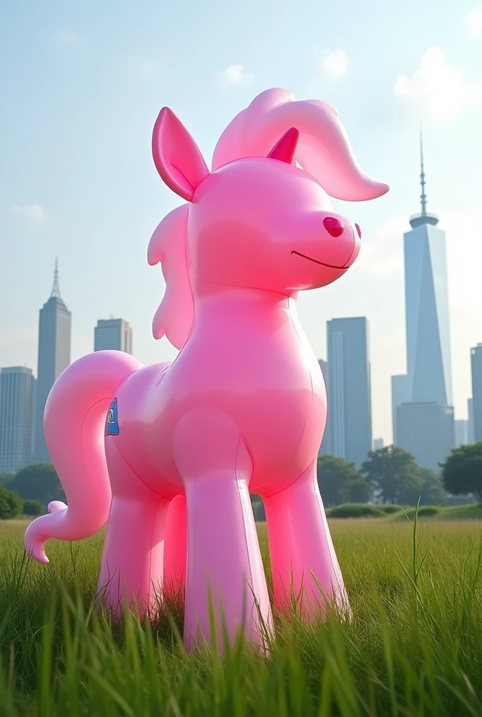 a giant pink pony blow-up doll on a grassland , (Practical, RAW photos, Ultra-fine transparent), Practical Light, city and street background