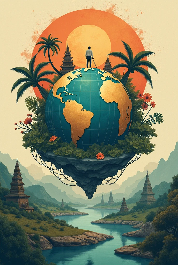 (Use illustrations or photos that show symbols of balance and harmony, such as peaceful Indonesian natural landscapes or representative cultural icons.  Include elements that depict global turmoil, such as a globe or world map with signs of instability. Add graphic elements that depict global dynamics and domestic politics, such as lines that symbolize change and tension.