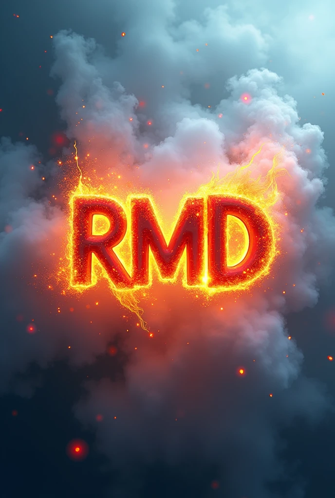 Create a creative logo with the initials RMD, That has colors, light blue, orange and red, that it be like fire and at the same time bubbles and fog 