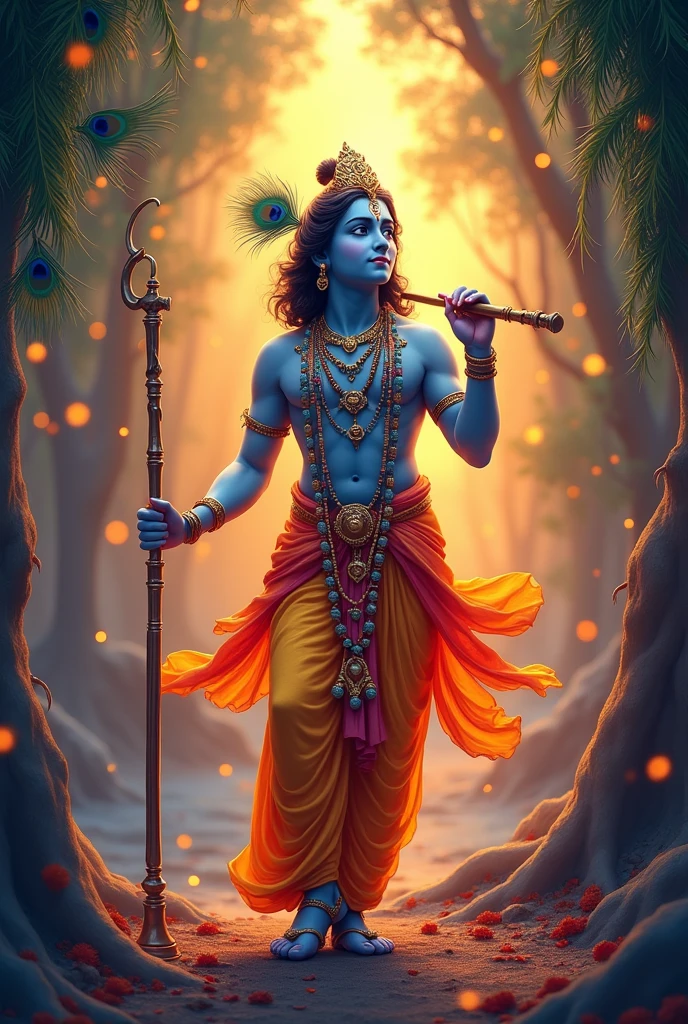 Write name of Shree nidhi fashion with background peacock feathers and with krishna holding flute congratulating janmashtami