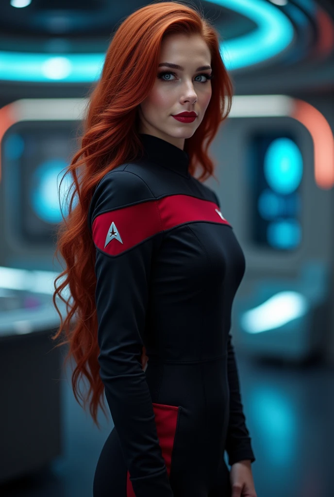 a 20 year old sexy space babe, beautiful Dr Beverly Crusher with long red hair, eyeliner, lipstick, eyeshadow, flirty smile, cute glint in her eye, on the bridge of the enterprise, wearing a tng uniform, refined face detail, blue ambient lighting, perfect proportions, ideal figure, tall space boots, thick legs, thigh gap, (SEXY:1.3),