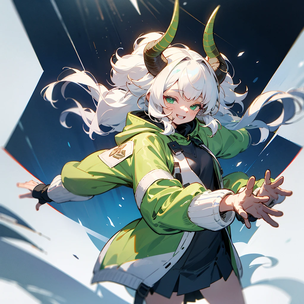 Very happy with her arms a LITTLE open as if she was holding a SMALL invisible box, with a green and white hooded short jacket, with goat horns and white afro hair, head on