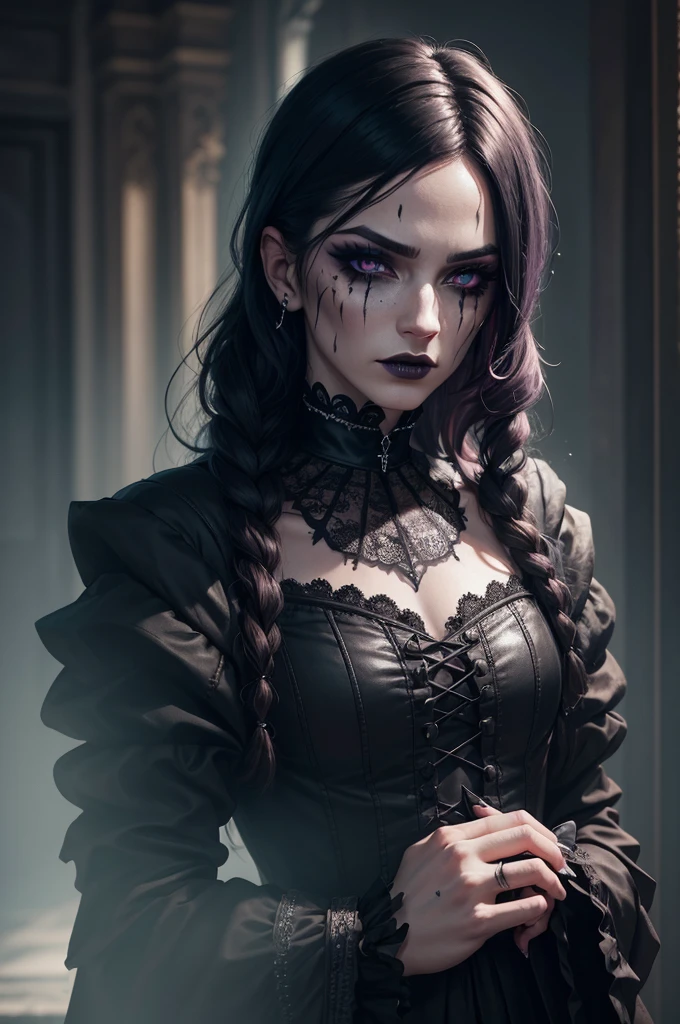 a man forcefully feminized, humiliated, dark gothic style, smeared makeup, detailed facial features, intricate clothing, cinematic lighting, moody colors, hyper-realistic, 8k, masterpiece