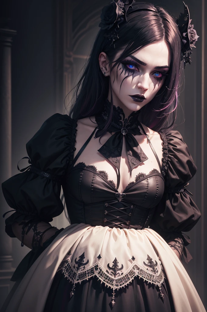 a man forcefully feminized, humiliated, dark gothic style, smeared makeup, detailed facial features, intricate clothing, cinematic lighting, moody colors, hyper-realistic, 8k, masterpiece