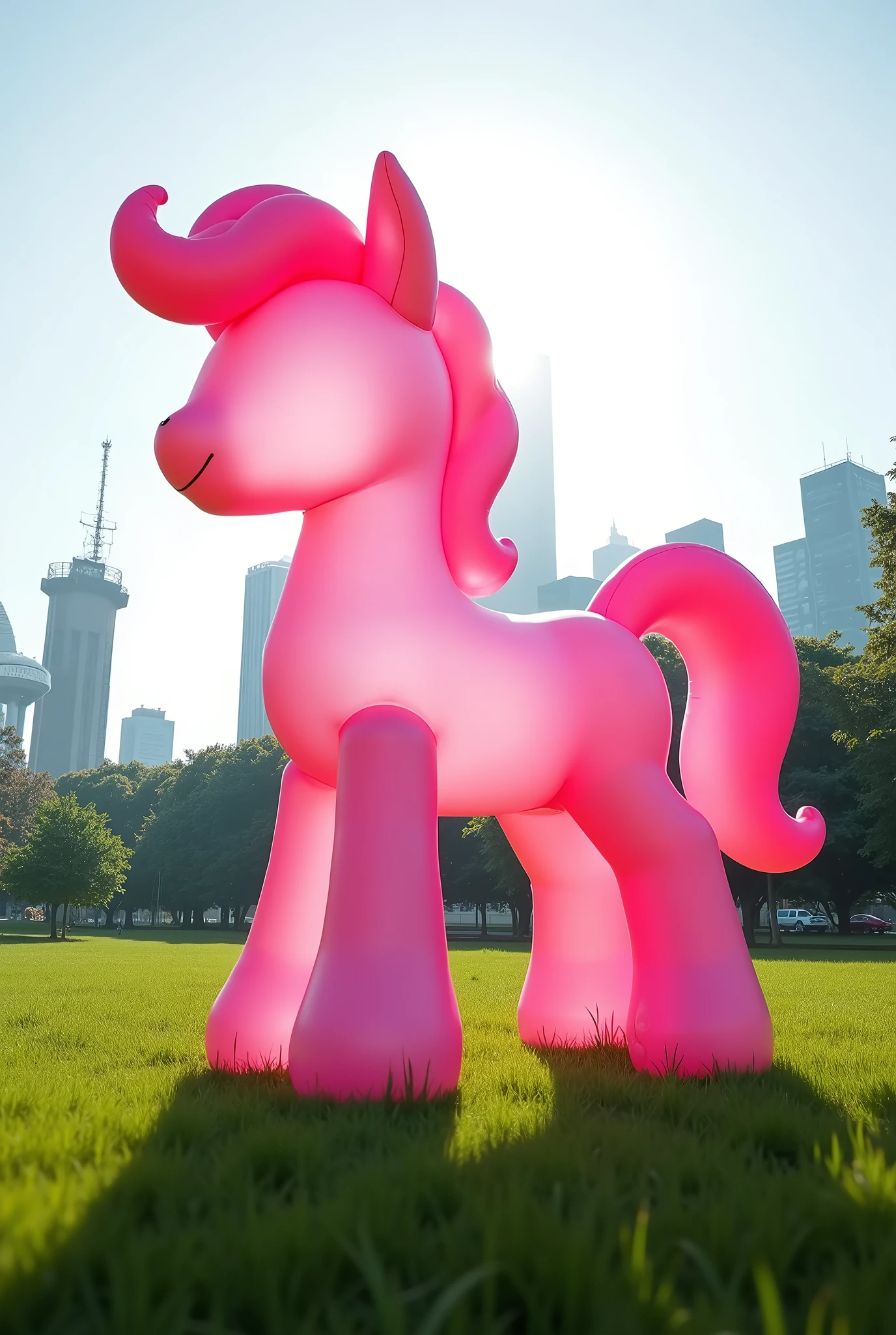 a giant pink pony blow-up doll on a grassland , (Practical, RAW photos, Ultra-fine transparent), Practical Light, city and street background 