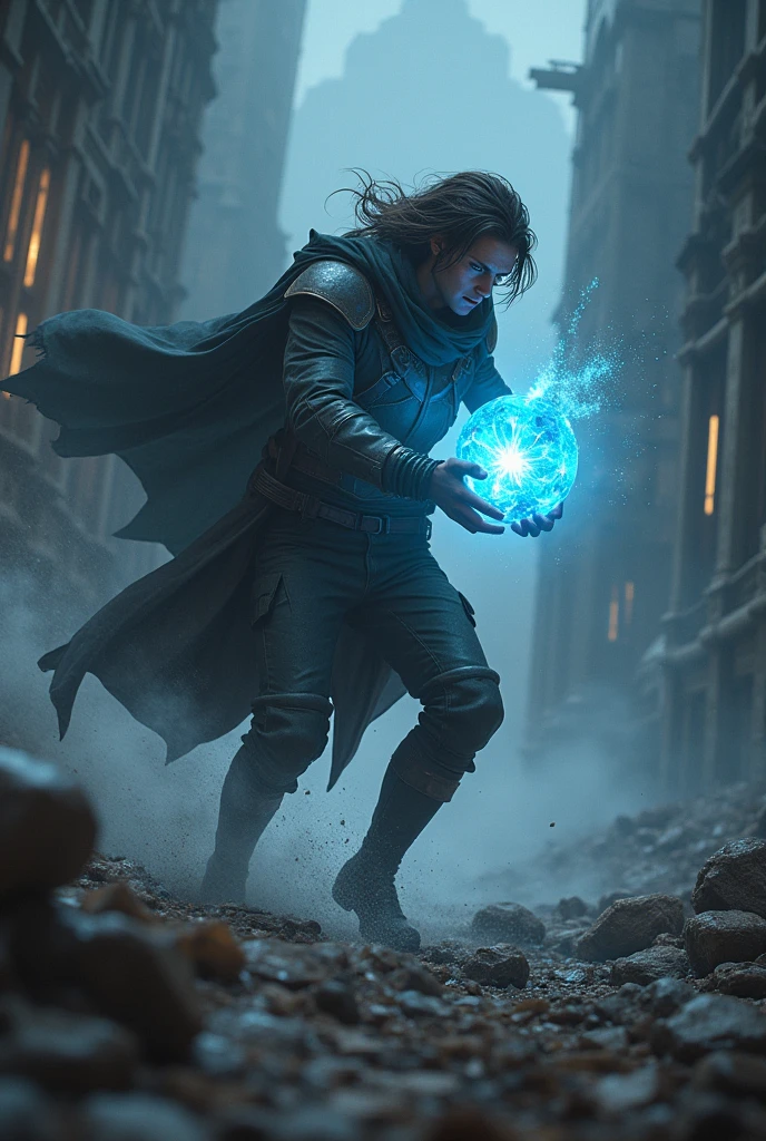 The protagonist struggles to maintain balance as the shaking intensifies.
The jolts become more violent, and the guard can barely stand. The crystal in his hands vibrates to the rhythm of the earth, as if it were a heart beating in unison with the tremor.