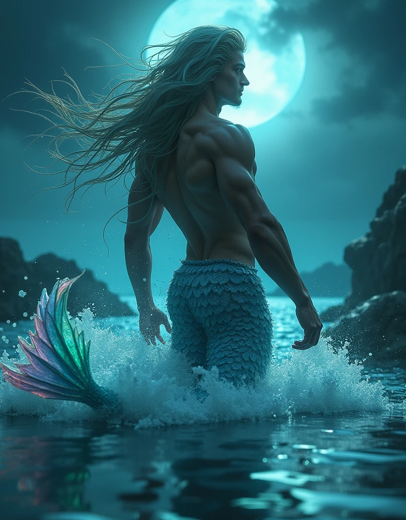 (masterpiece,Distinguished Quality,Mirror-like,Cinematic Experience, insanely detailed,absurdres),8k,full image shot), the shimmering, iridescent depths of an enchanted ocean, (1 male:1.6),mesmerizing sirens,(male, with mermaid tale:2.0),(male siren),(manly tale),(manly abs),(all hair types),(random coloured hair),aquamarine eyes gleam with an otherworldly allure, shimmering, crystalline tail glimmers with a soft, ethereal light, beckoning sailors to their doom with a haunting, melodic song that echoes through the mystical, moonlit waves, Imagine the captivating, underwater scene!