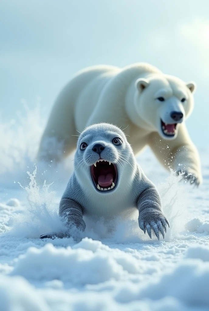 A seal is running away from a polar bear that is trying to eat it. Its face looked very shocked. [Cartoon3D]