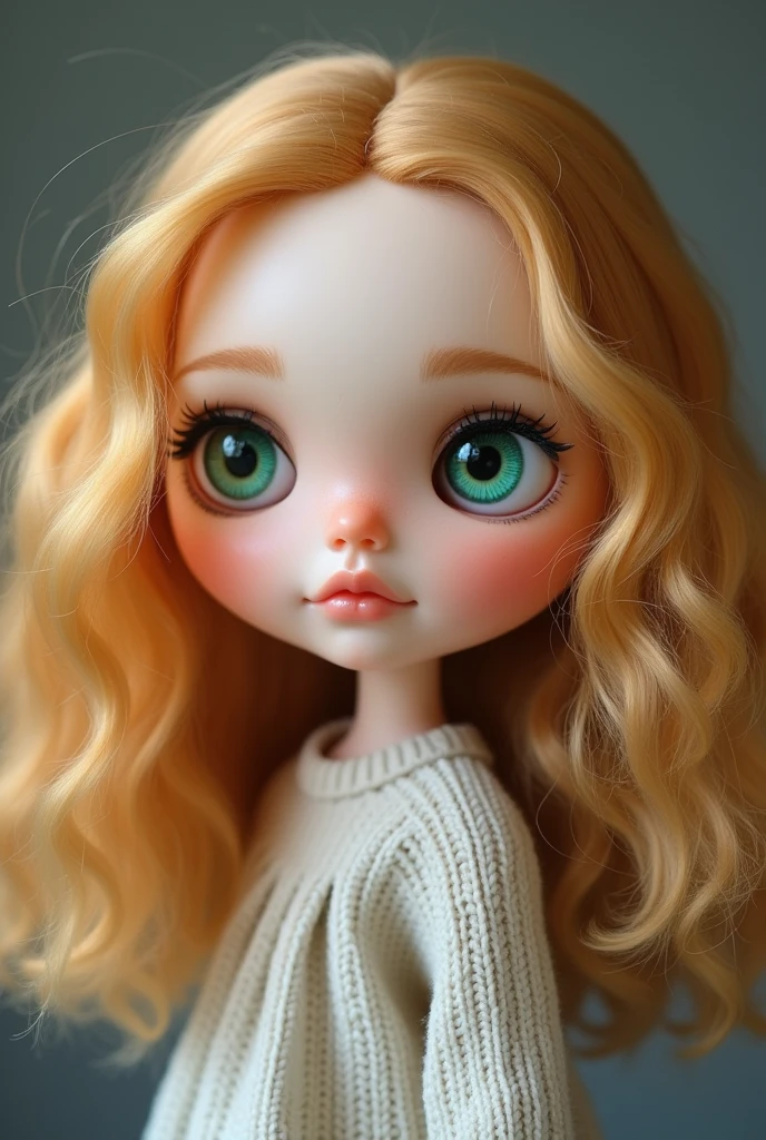 crie uma Blythe Doll,with dark green eyes,but clearer,with medium curly hair,2c curl blonde,pale white,rounded and reddish sides.
