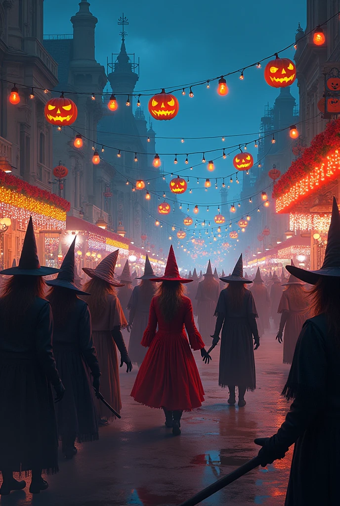 The Carnival of Souls Concept: A night parade with witches, wizards, souls in torment and demons, all in a dark carnival. Cars decorated with lights and pumpkins, and characters dressed as sweets. You could make the whole poster have a festive but spooky feel..
colors: bright oranges, black, and dark reds.