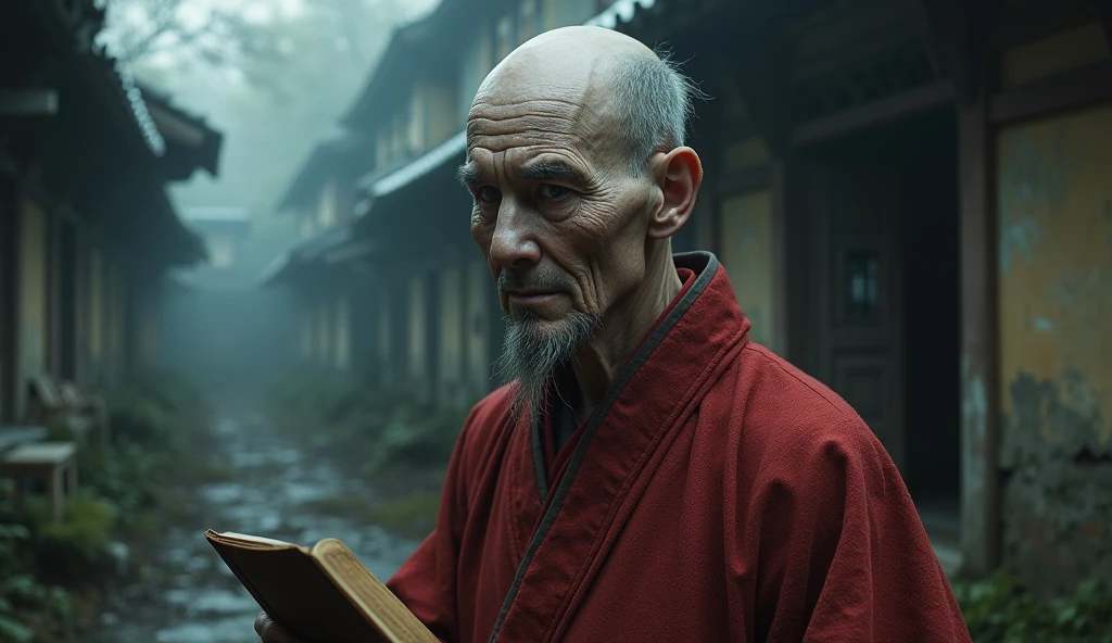 Top quality, masterpiece, old oriental shabby house background, 500 year old oriental female monk Beopjang, holding a book of law and a staff, old oriental background, detailed image texture, creepy, horror, creepy atmosphere (not AI image), cloudy weather, fog, low color image, creepy, character filling the screen, image from various angles, delicate skin expression, wrinkled skin, bloodless skin (grayish), wearing complex red clothes, reciting a spell, Beopjang monk with heavy white makeup, wearing monk's clothes