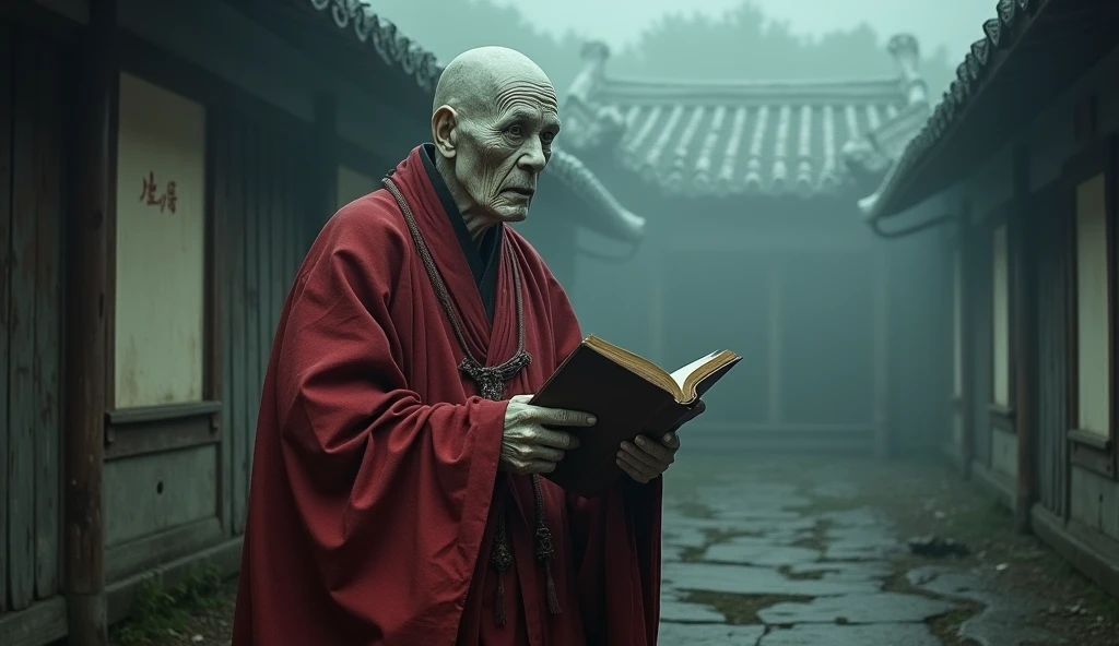 Top quality, masterpiece, old oriental shabby house background, 500 year old oriental female monk Beopjang, holding a book of law and a staff, old oriental background, detailed image texture, creepy, horror, creepy atmosphere (not AI image), cloudy weather, fog, low color image, creepy, character filling the screen, image from various angles, delicate skin expression, wrinkled skin, bloodless skin (grayish), wearing complex red clothes, reciting a spell, Beopjang monk with heavy white makeup, wearing monk's clothes